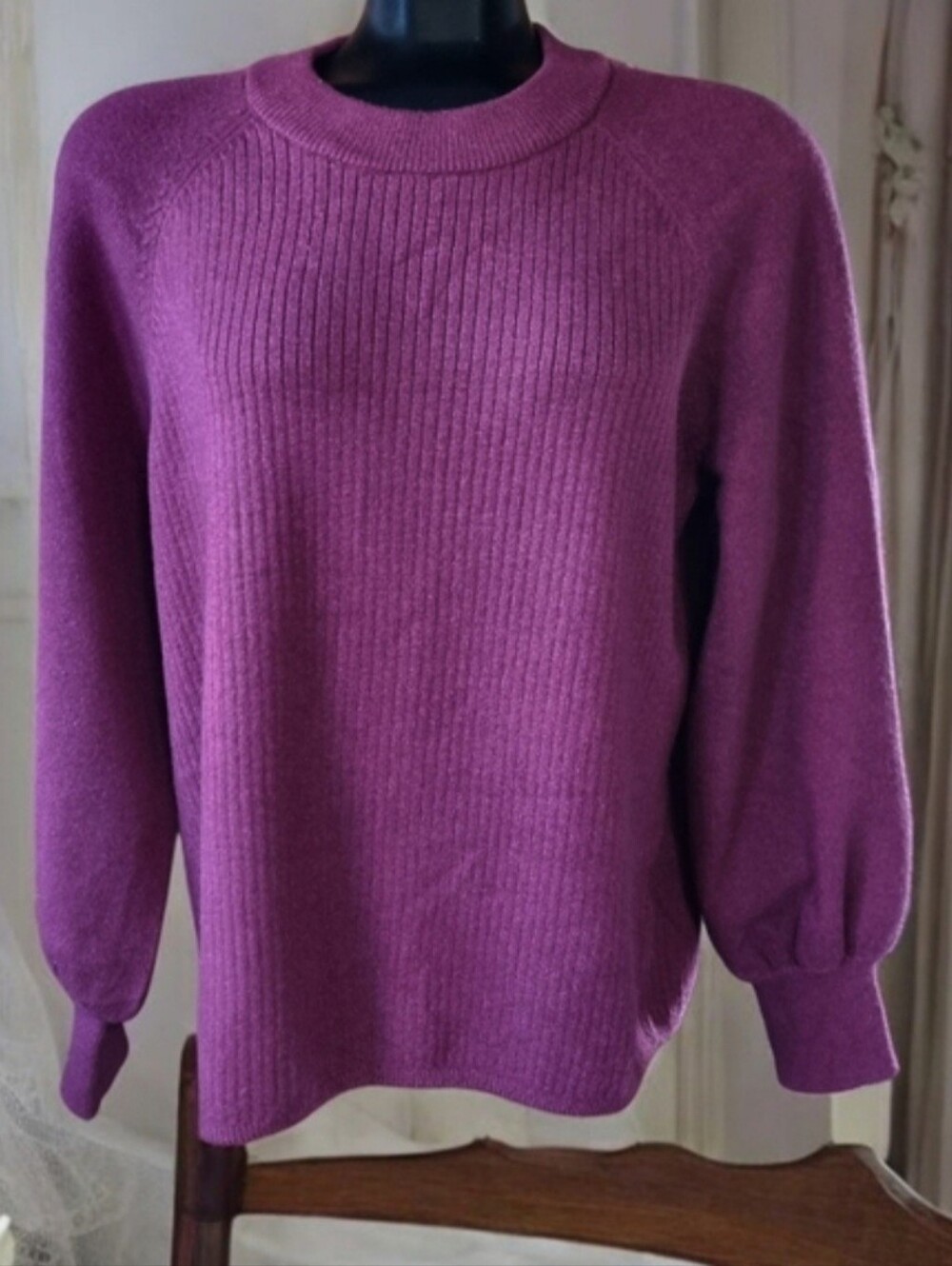 Denver Hayes Plum Balloon Sleeves Ribbed Crewneck Sweater Size XL